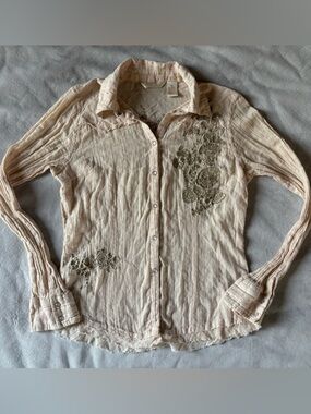 Freshwear Embroidered Gauze Button Down Shirt Boho Western Raw Hem Medium